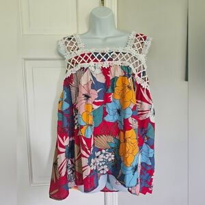 Red and Blue Smocked Sleeveless Blouse with Square Neck